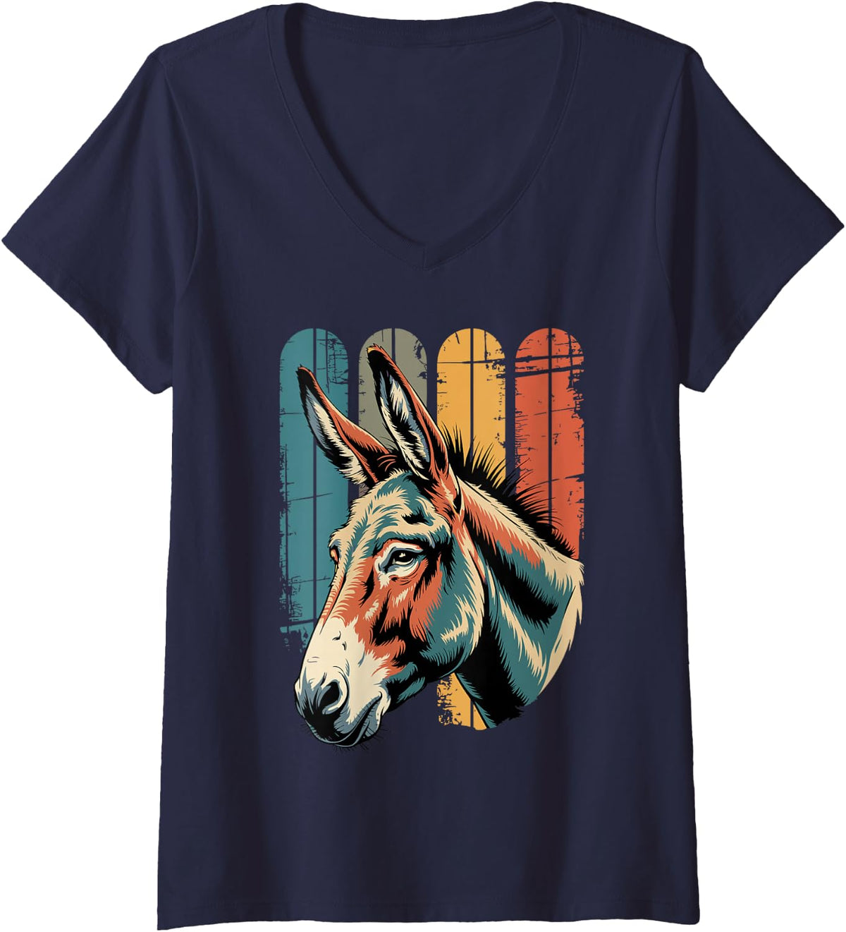 Women's Funny Donkey Art for Men Women Kids Miniature Mule Donkey V-Neck T-Shirt - Navy Blue