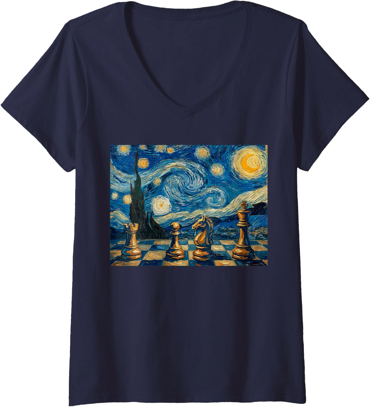 Women's Van Gogh Starry Night Chess Pieces Joke Play Chess Player V-Neck T-Shirt - Navy Blue