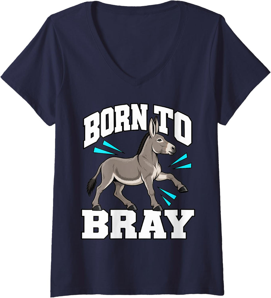 Women's Donkey Born to Bray Barn Owner Sarcastic Cute Funny V-Neck T-Shirt - Navy Blue