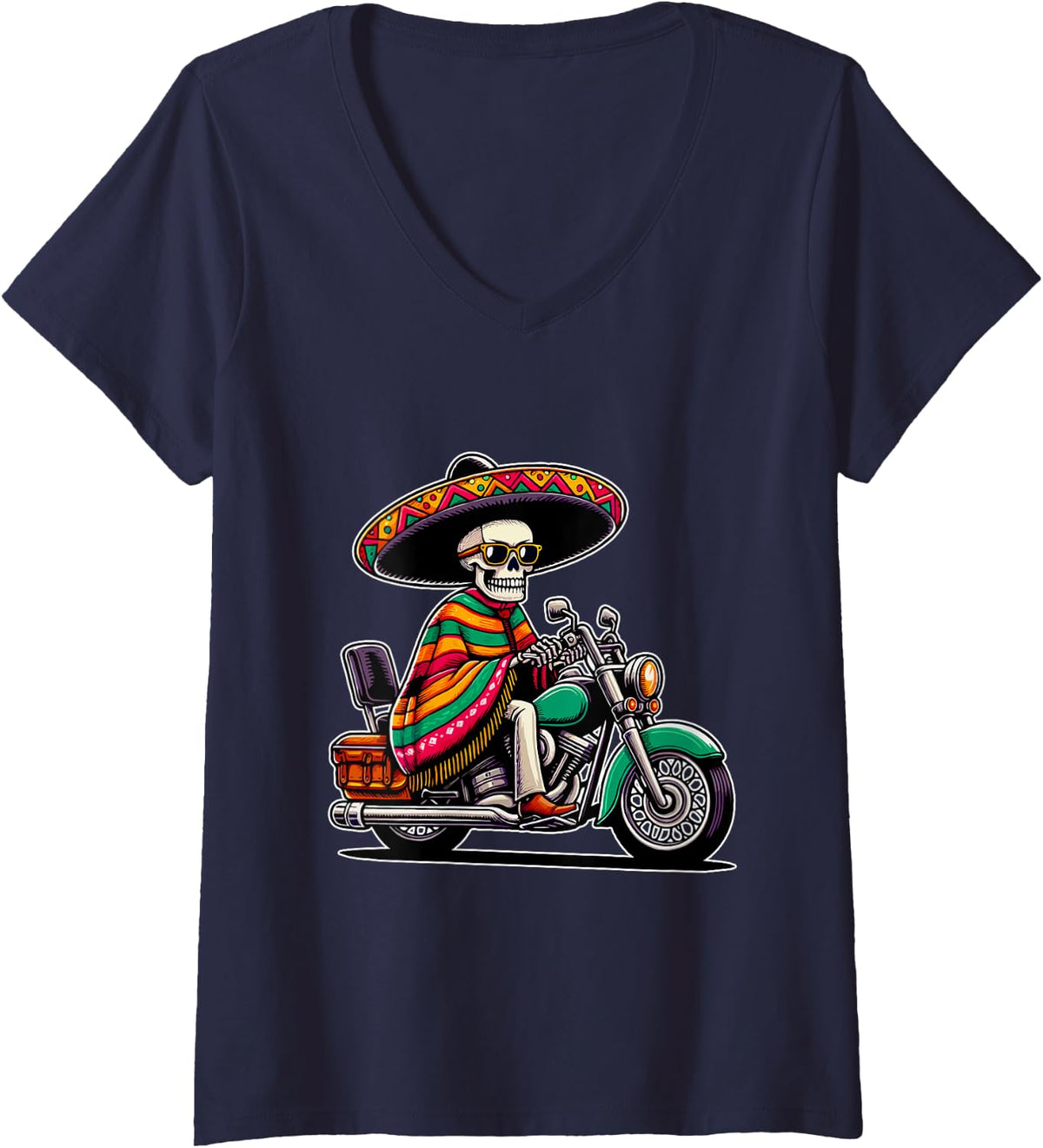 Womens Motorcycle Skeleton Biker Mexican Sombrero Cinco De Mayo V-Neck T-Shirt - Navy Blue