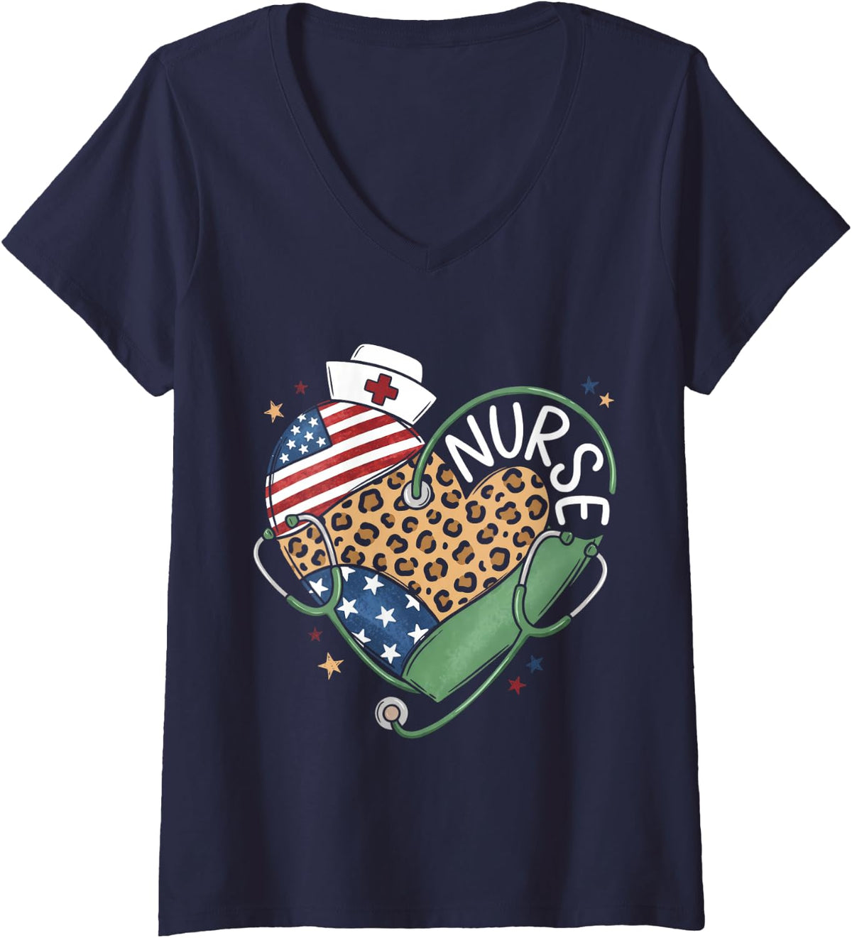 Women's Patriotic Nurse Leopard Heart American Flag Stethoscope V-Neck T-Shirt - Navy Blue