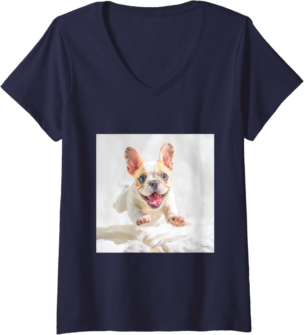Women's Jumping French Cute Dog V-Neck T-Shirt - Navy Blue