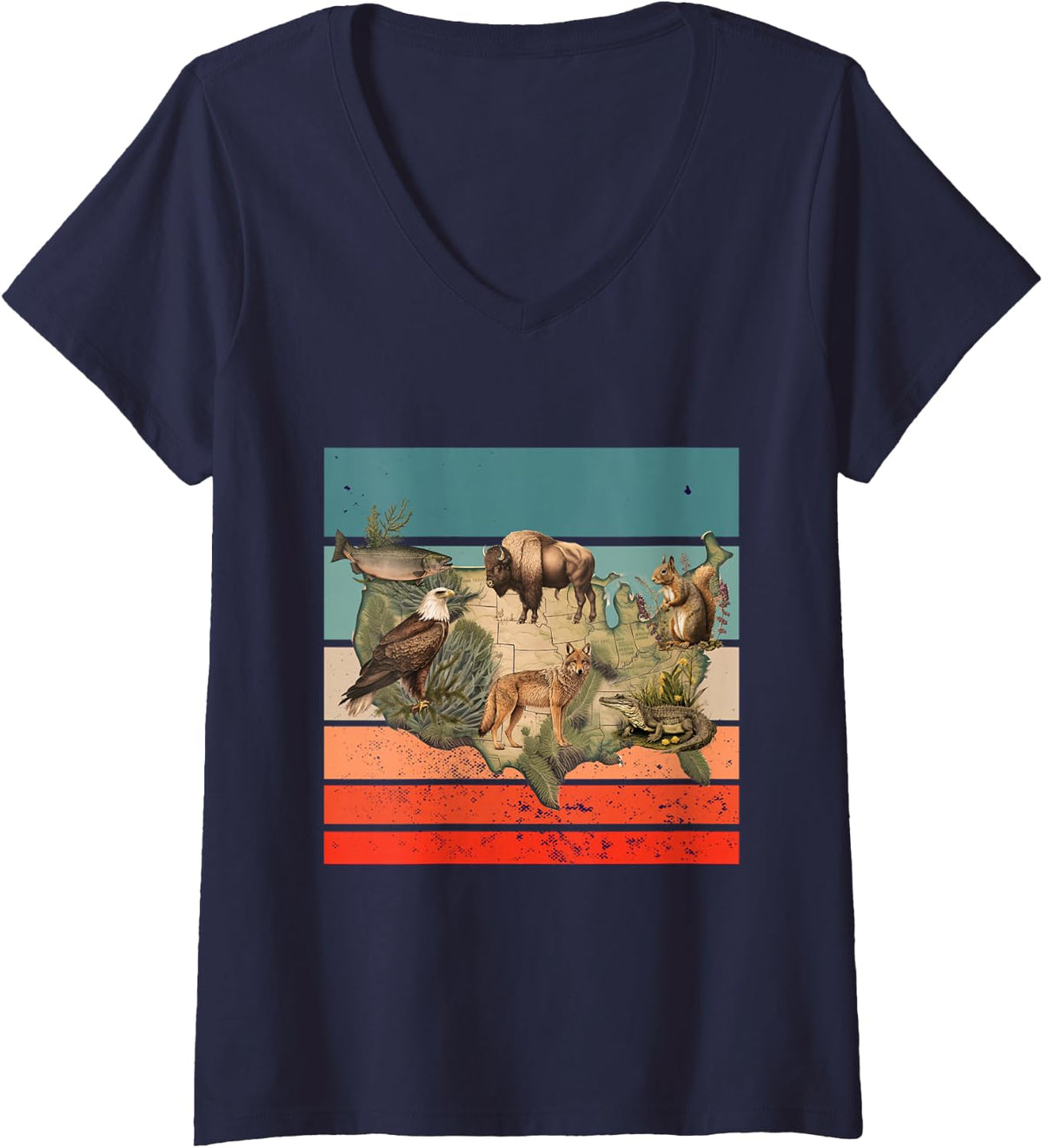 Women's United States map Salmon Bald Eagle Bison Coyote Squirrel V-Neck T-Shirt - Navy Blue