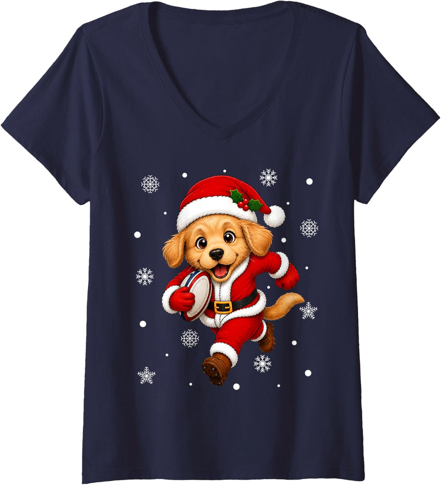 Women's Golden Retriever Puppy Playing Rugby Christmas Sports Xmas V-Neck T-Shirt - Navy Blue