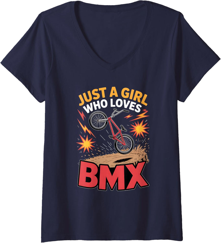 Women's Girls BMX V-Neck T-Shirt - Navy Blue