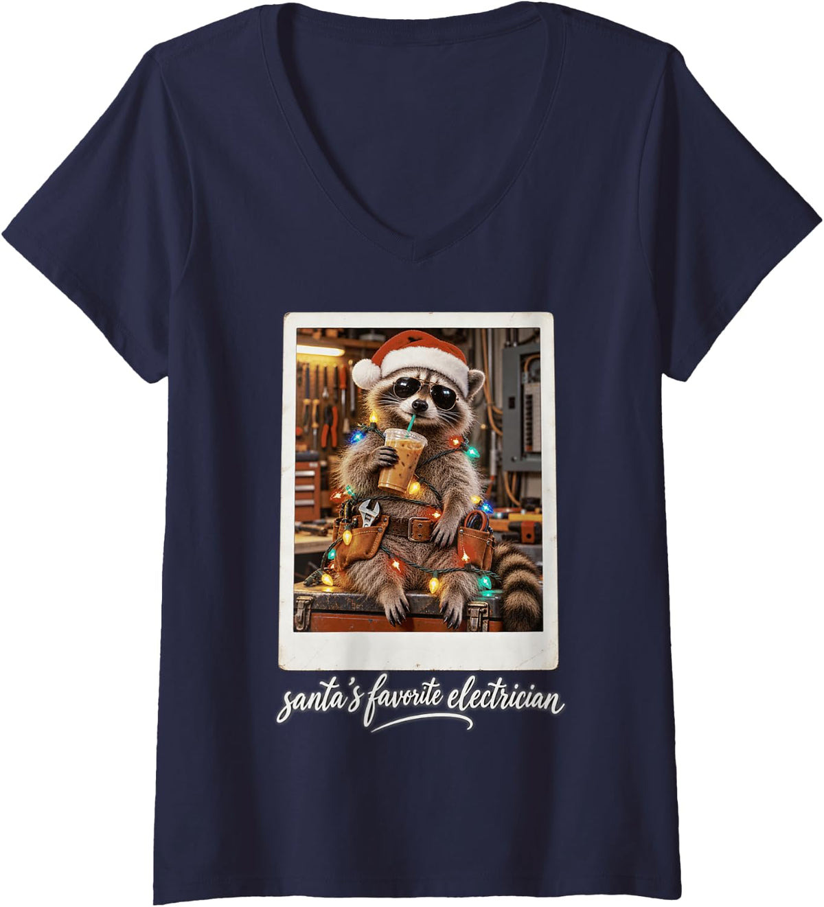 Women's Christmas Santa's Favorite Electrician Raccoon Lineman V-Neck T-Shirt - Navy Blue