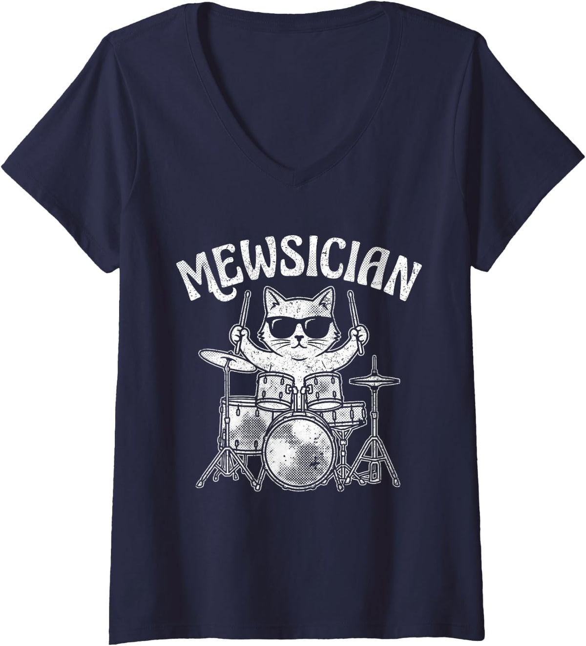 Women's Mewsician Drummer Cat Playing Dums Funny Musician V-Neck T-Shirt - Navy Blue