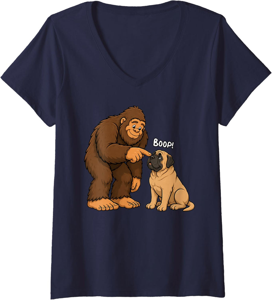 Women's Bigfoot Boop English Mastiff Funny Dog Lover V-Neck T-Shirt - Navy Blue