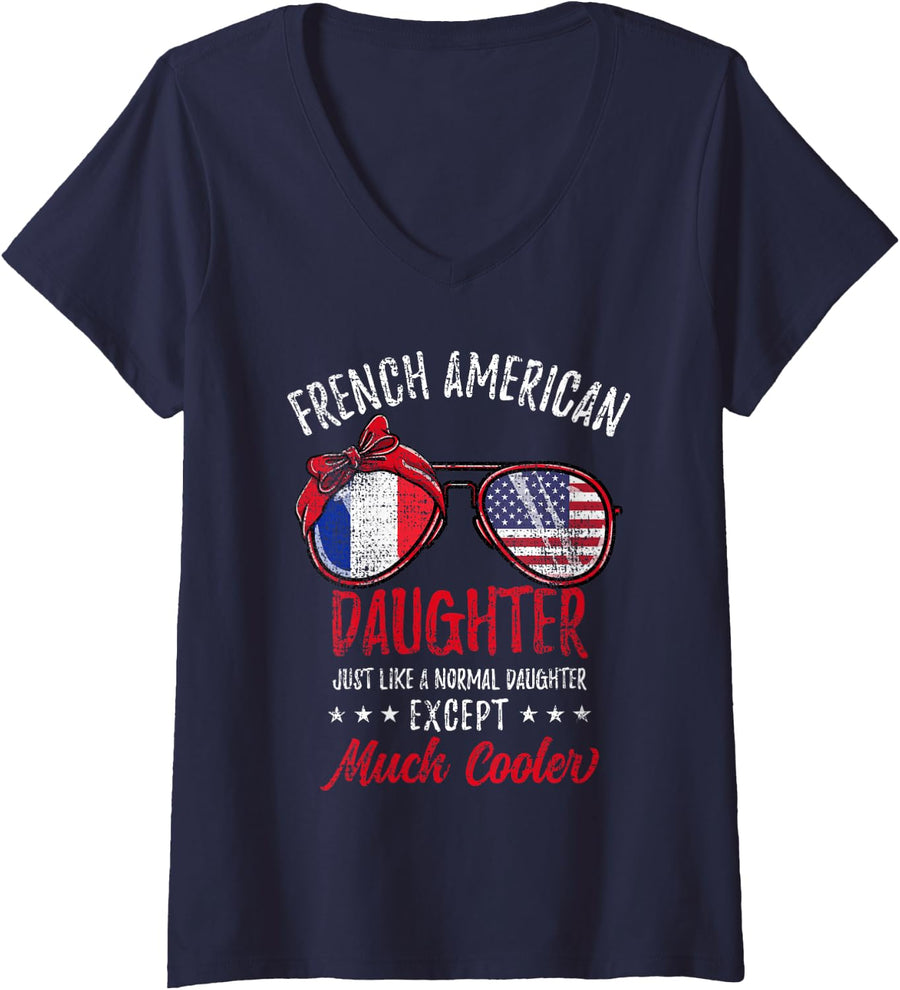 Women's French American Daughter Sunglasses French Roots Vintage V-Neck T-Shirt - Navy Blue