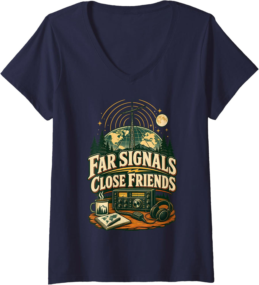 Women's Ham Radio Far Signals Amateur Operator Weekend Hobby V-Neck T-Shirt - Navy Blue