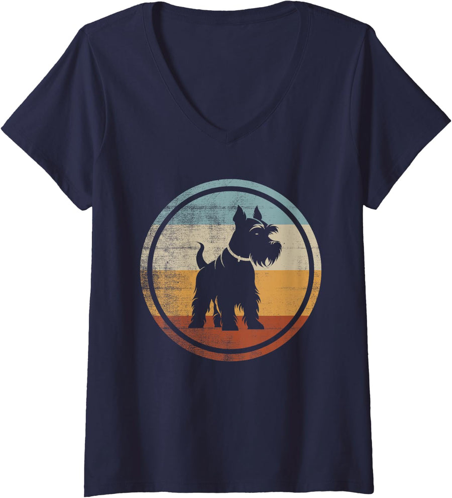 Women's Retro Design Miniature Schnauzer Dog V-Neck T-Shirt - Navy Blue