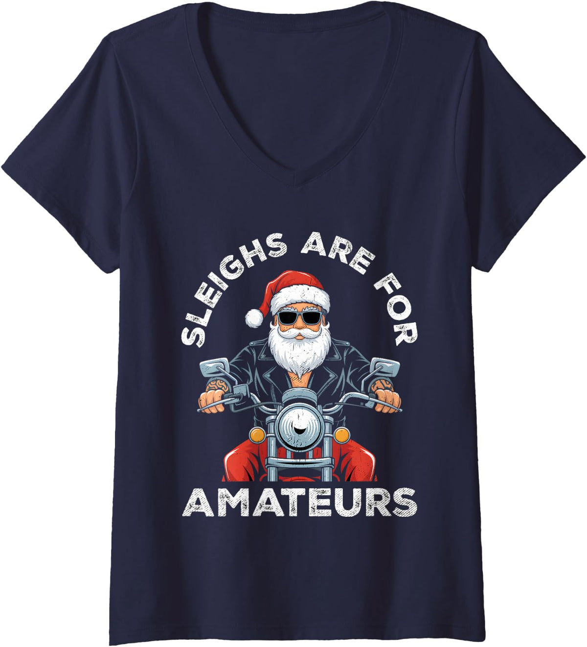Women's Christmas Funny Santa Claus Retro X-Mas Vacation Motorcycle V-Neck T-Shirt - Navy Blue