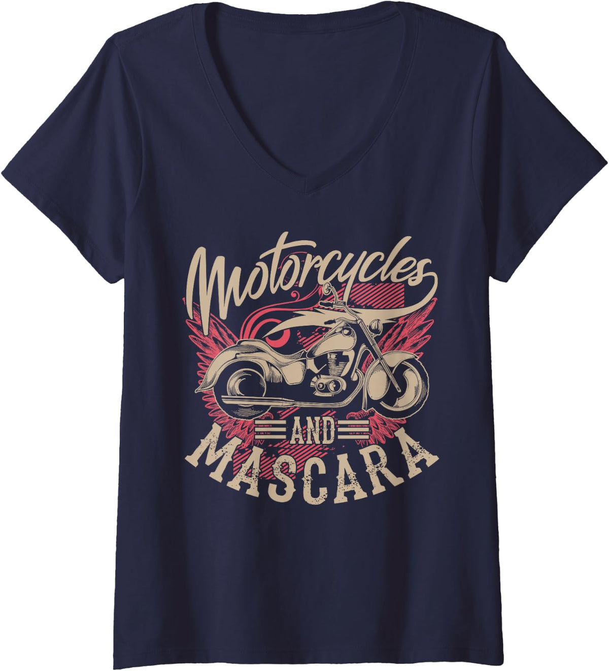 Womens Motorcycles and Mascara Art | Cute Makeup Motor Lover Gift V-Neck T-Shirt Small - Navy Blue