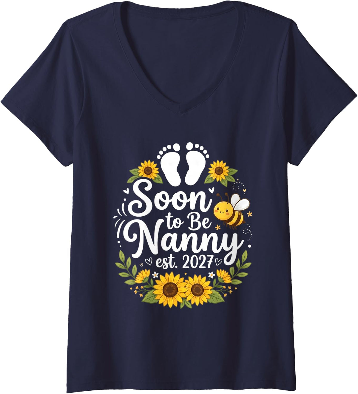 Women's Soon to Be Nanny Est 2027 First Time Grandmother Sunflower V-Neck T-Shirt - Navy Blue