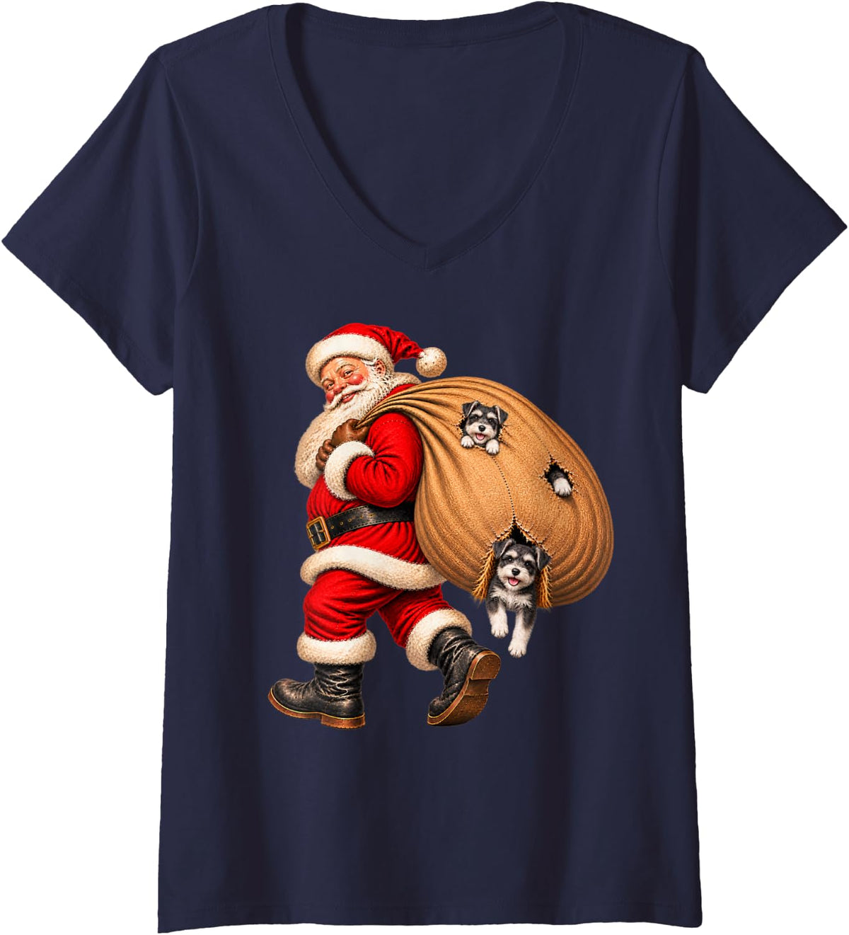 Women's Santa Claus Delivering Miniature Schnauzer Presents Naughty V-Neck T-Shirt - Navy Blue