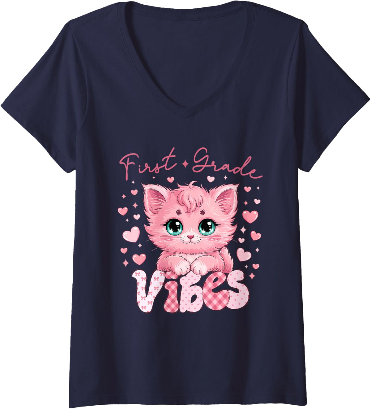 Women's First Grade Vibes Cute Cat Back to School Teacher Girl Kids V-Neck T-Shirt - Navy Blue