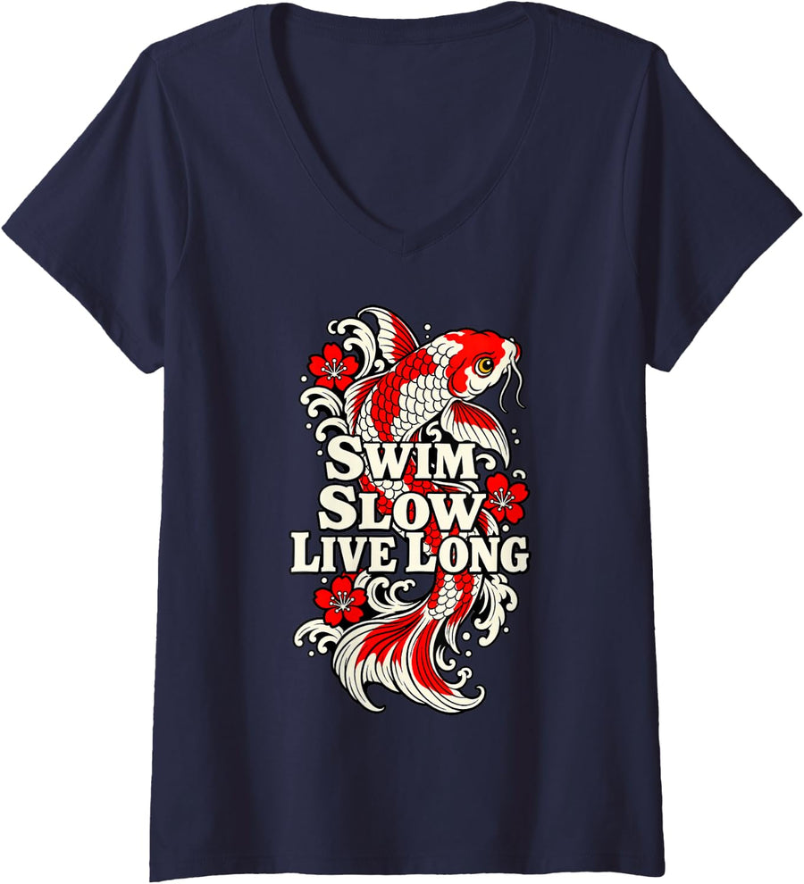 Women's Koi Swim Slow Live Long Aquarist Fish Japanese Pond Wave V-Neck T-Shirt - Navy Blue
