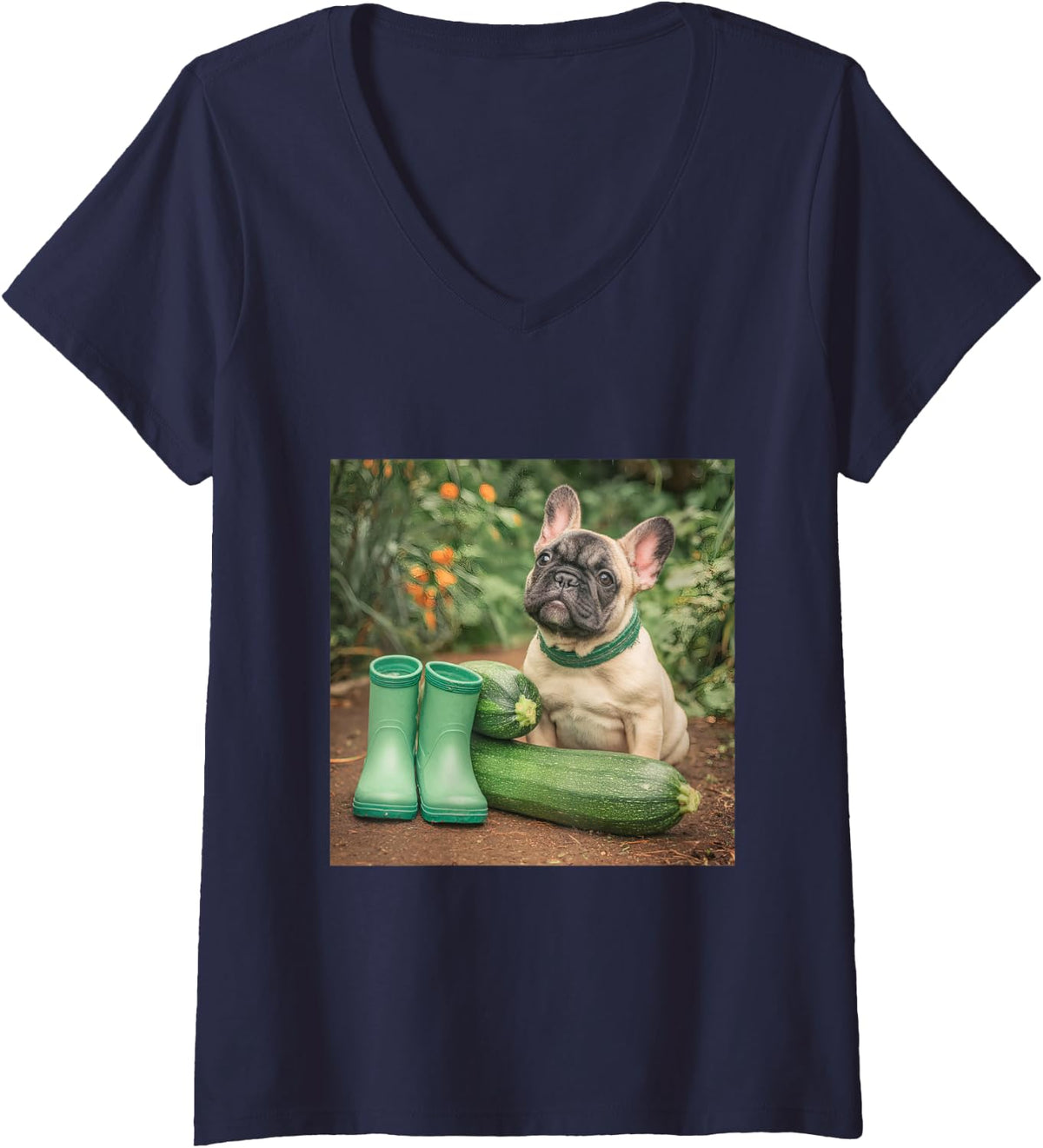 Women's French Bulldog Garden Zucchini Green Boots V-Neck T-Shirt - Navy Blue