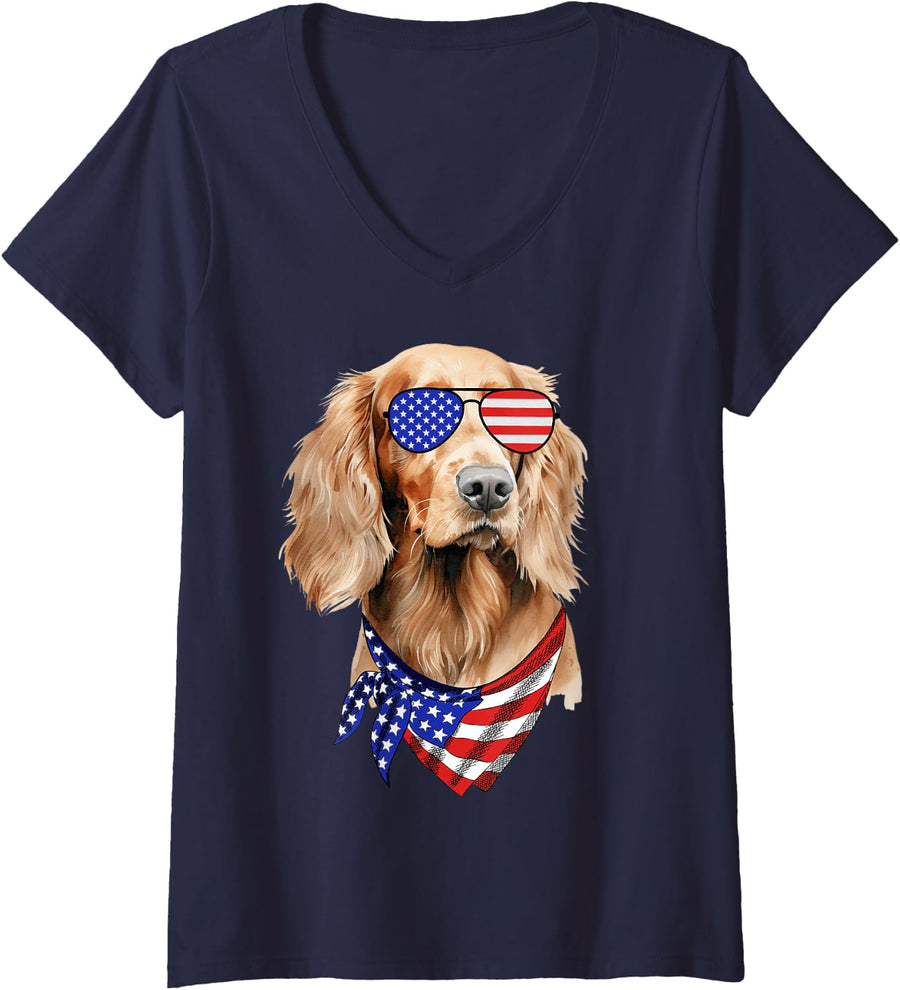 Women's Irish Setter Dog American Flag Glasses 4th of July V-Neck T-Shirt - Navy Blue
