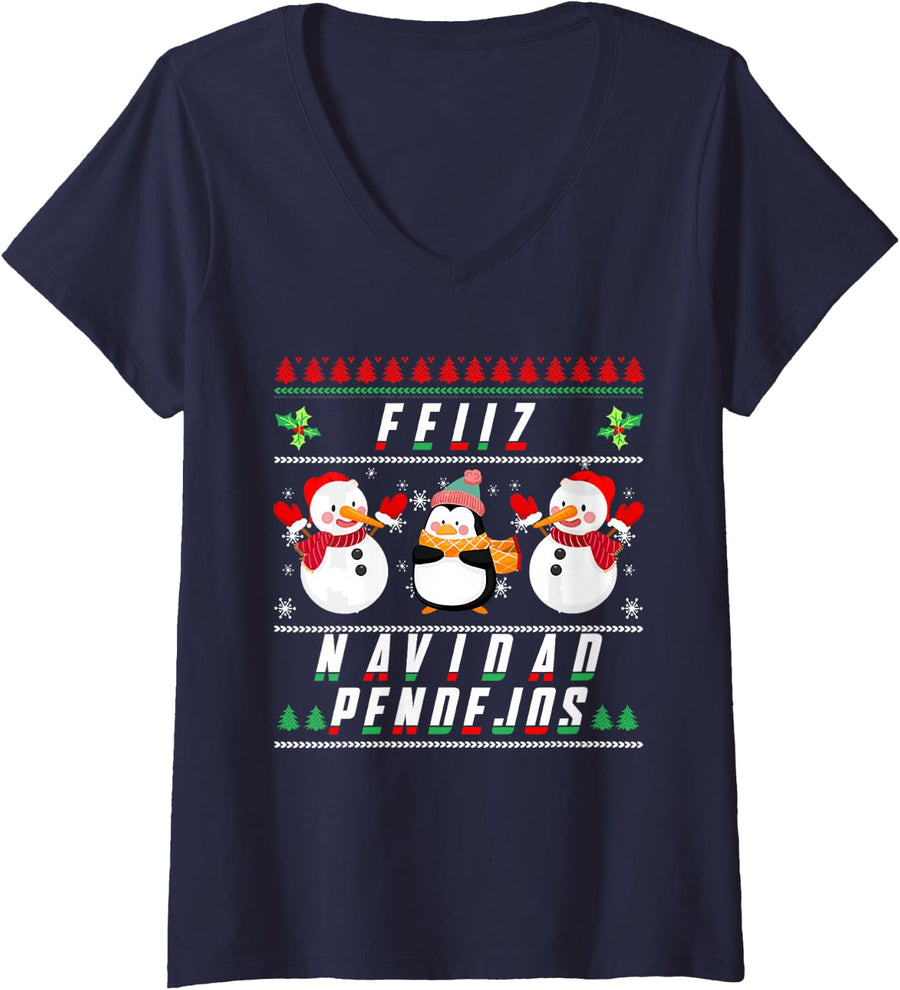 Women's Feliz Navidad Pendejos Mexican Christmas Pajamas Spanish Pun V-Neck T-Shirt - Navy Blue