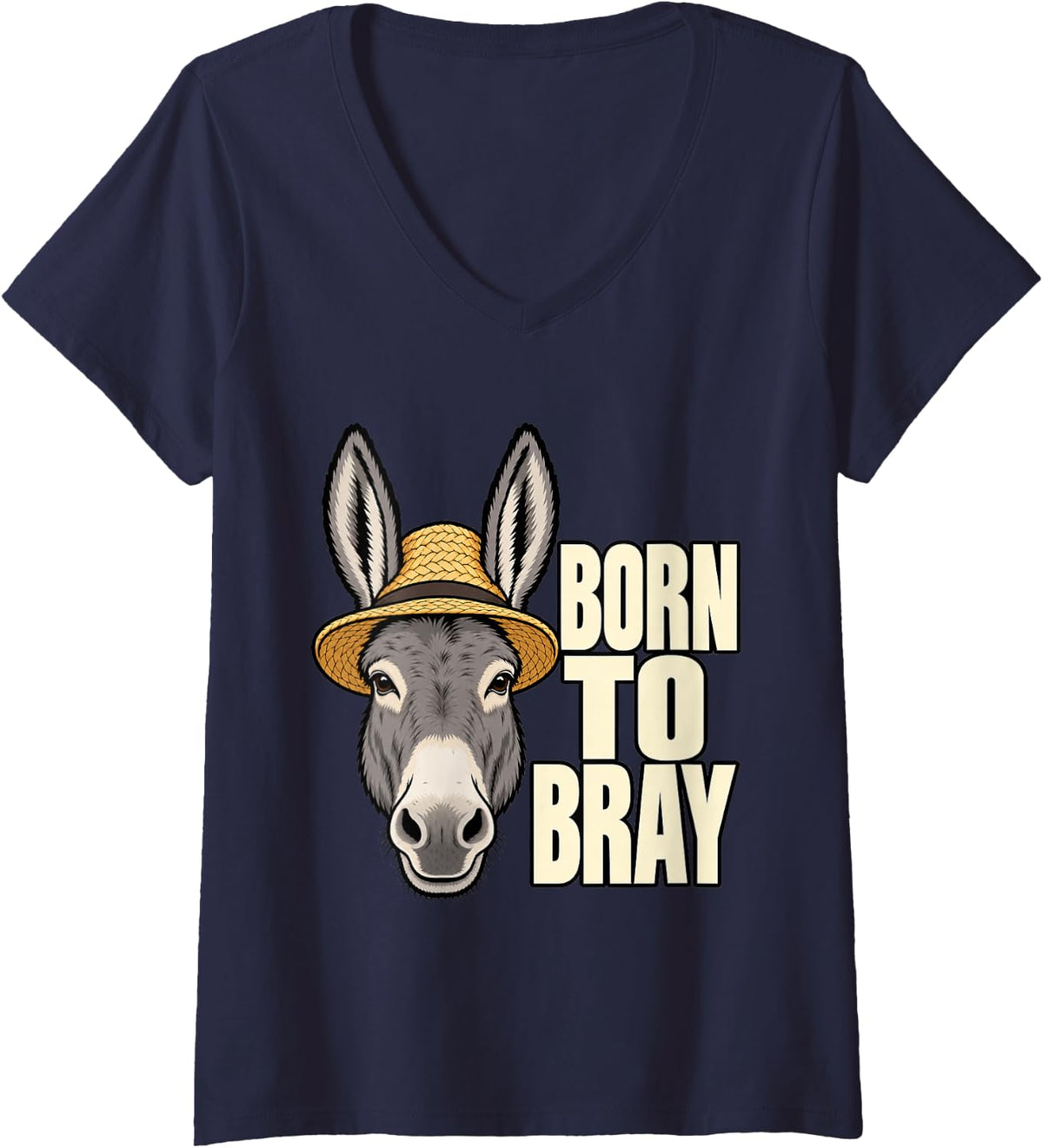 Women's Donkey Born to Bray Farm Mom Cute Funny Humor Sarcastic V-Neck T-Shirt - Navy Blue