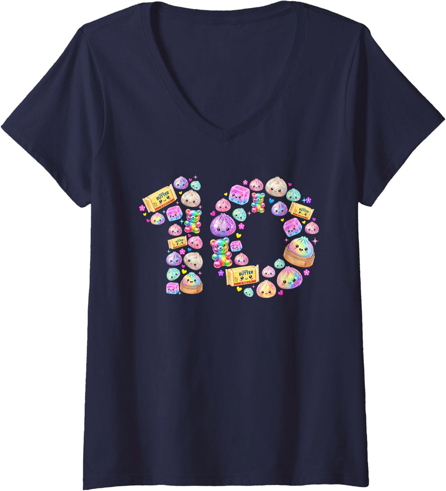 Women's Cute 10th Birthday Girl 10 Year Old Squishy Dumpling Party V-Neck T-Shirt - Navy Blue