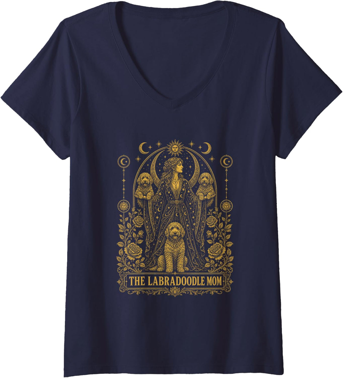 Women's The Labradoodle Mom Tarot Card Celestial Moon Stars V-Neck T-Shirt - Navy Blue