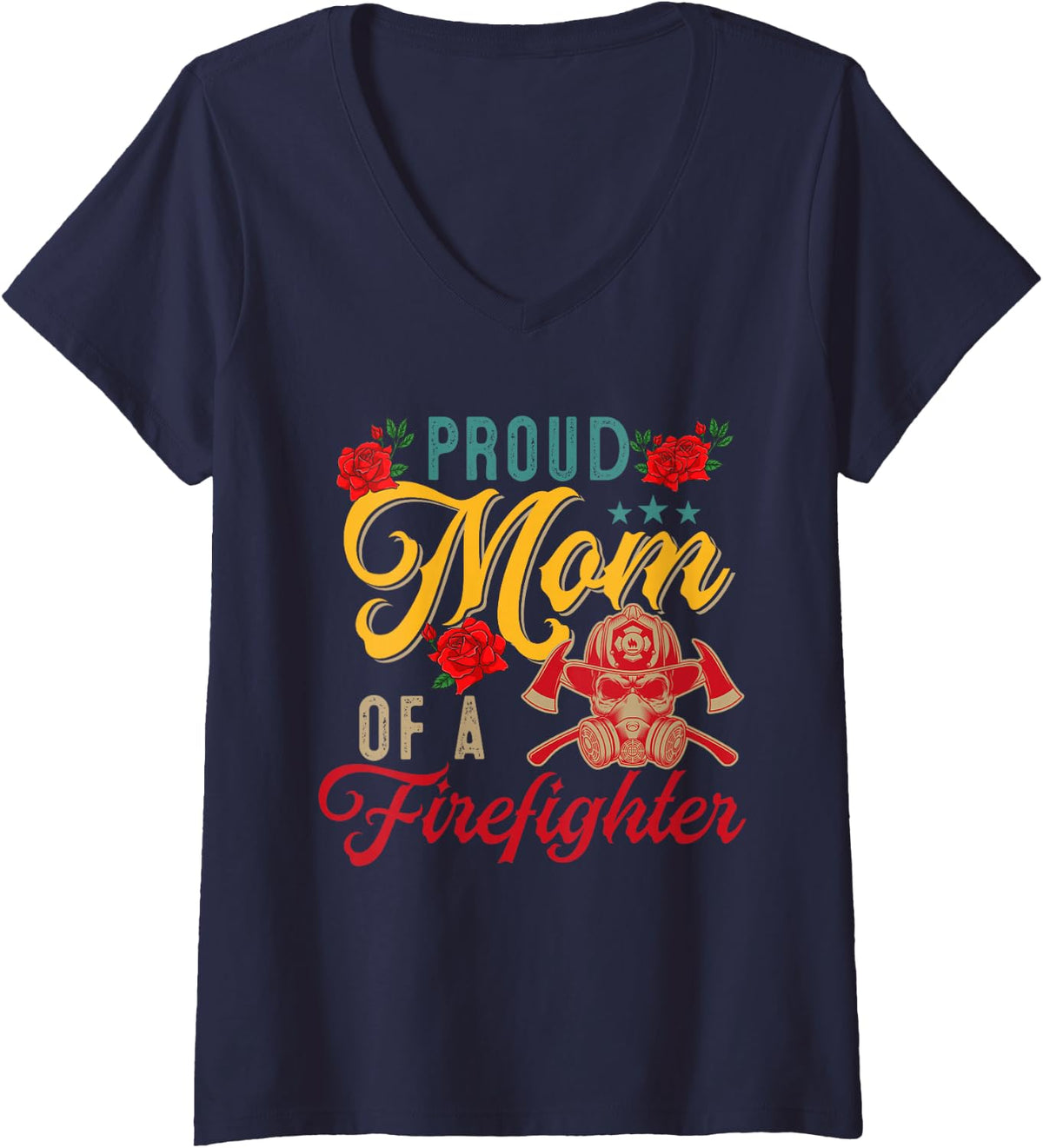 Women's Vintage Proud Mom of A Firefighter Mother's Day Floral V-Neck T-Shirt - Navy Blue
