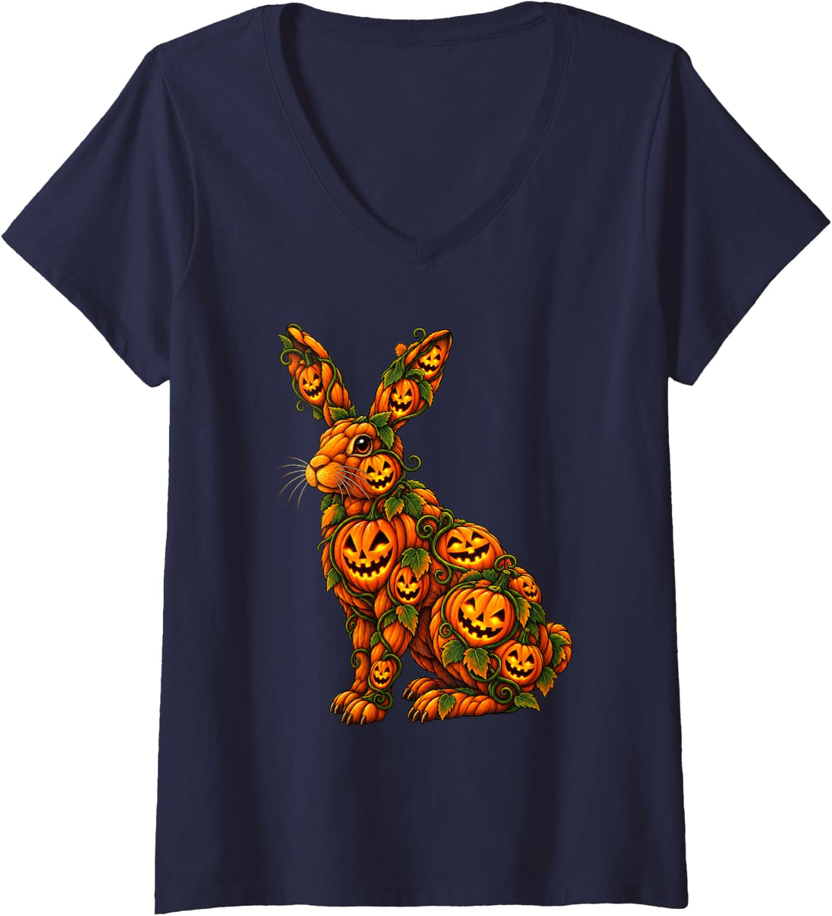 Women's Rabbit Bunny Funny Jack O Lantern Pumpkin Halloween V-Neck T-Shirt - Navy Blue