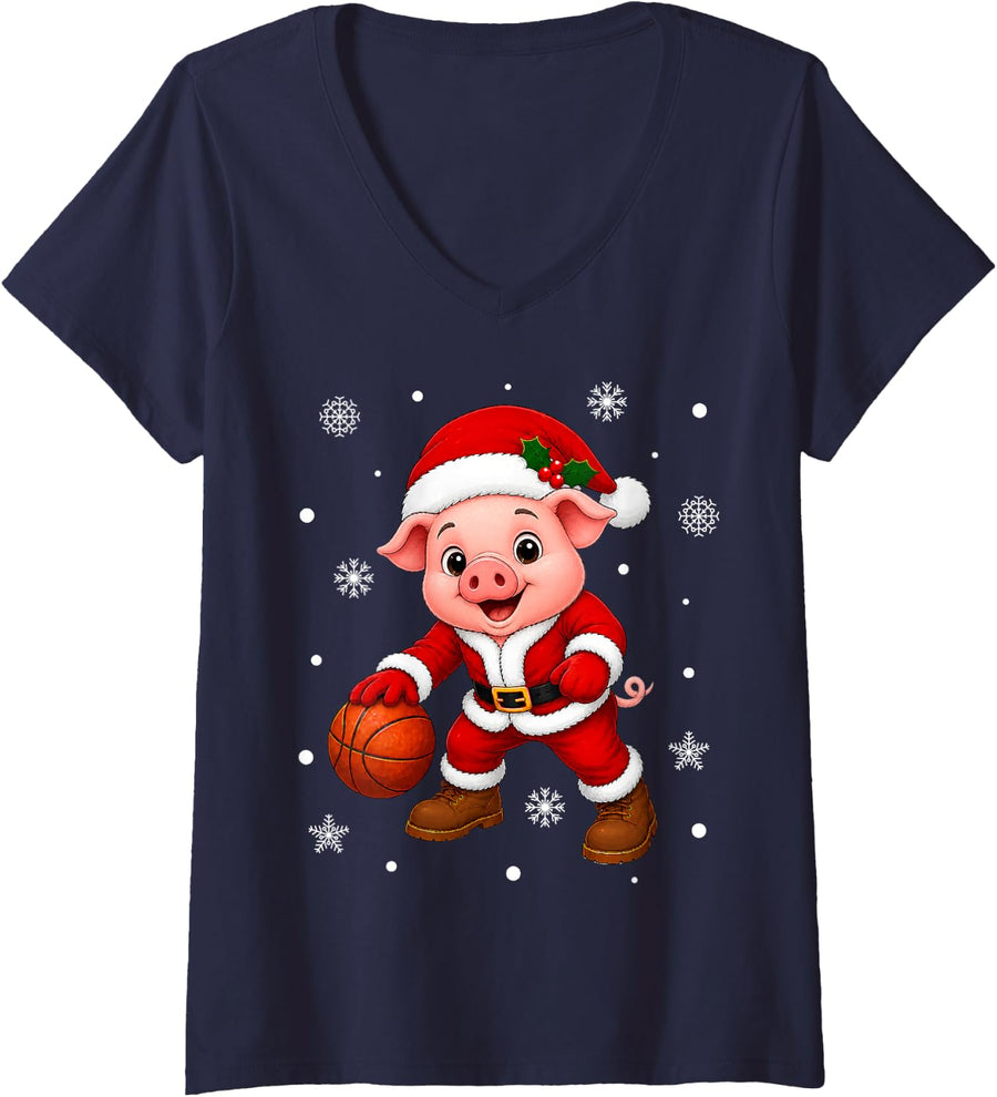 Women's Xmas Sports Santa Pig Playing Basketball Christmas V-Neck T-Shirt - Navy Blue