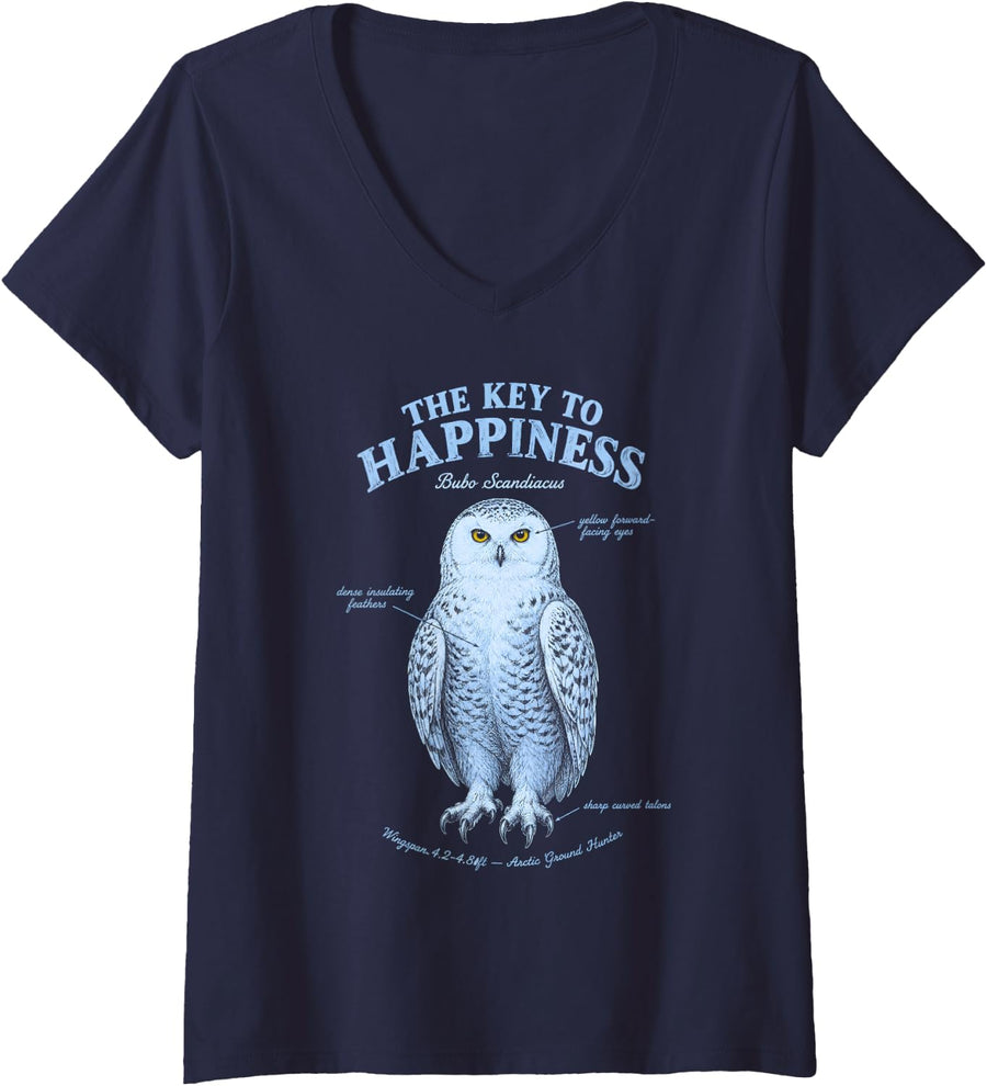 Women's The Key to Happiness Snowy Owl Naturalist V-Neck T-Shirt - Navy Blue