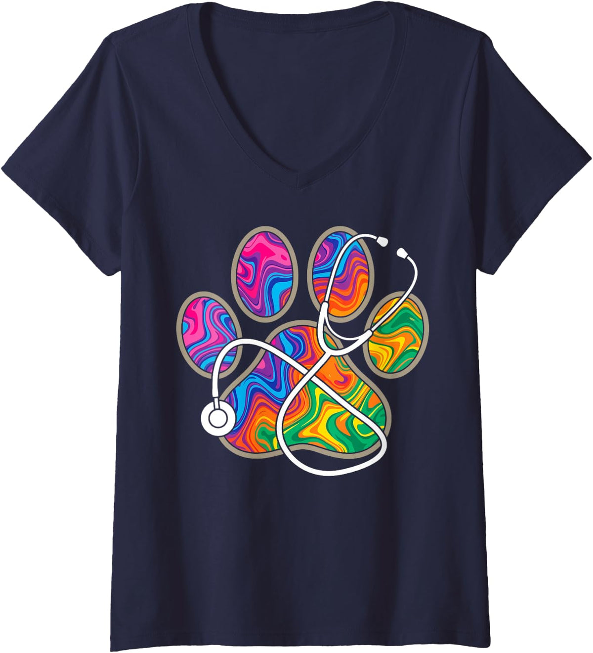 Women's Colorful Paw Prints Stethoscope Veterinarian Vet Tech V-Neck T-Shirt - Navy Blue