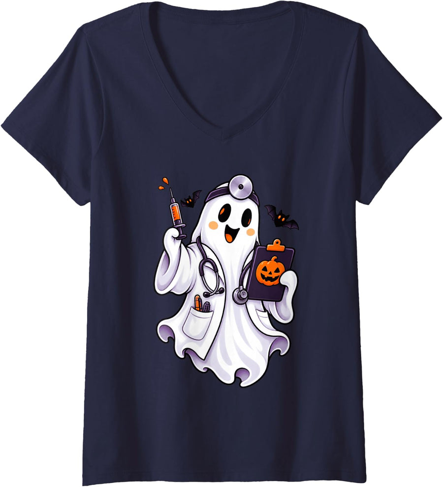 Women's Kawaii Ghost Doctor Halloween Medical Professional V-Neck T-Shirt - Navy Blue