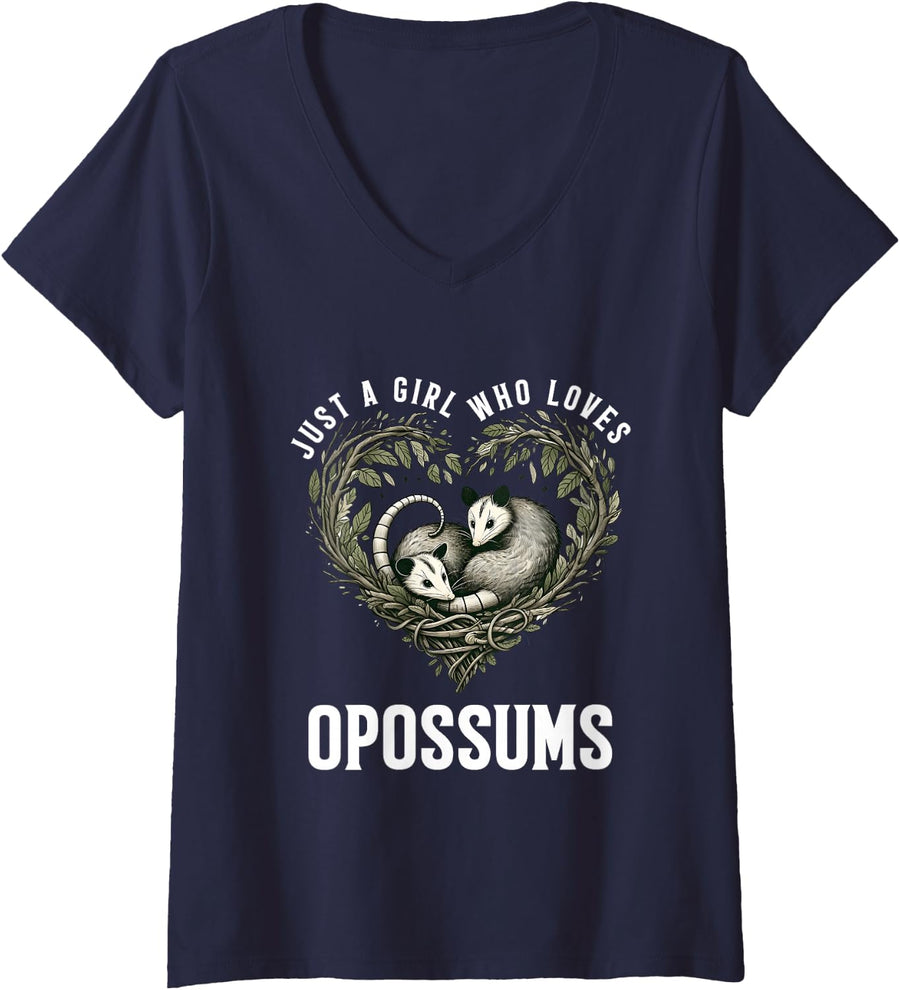 Womens Just Girl Who Loves Opossums I Love Possums Wild Animal V-Neck T-Shirt - Navy Blue
