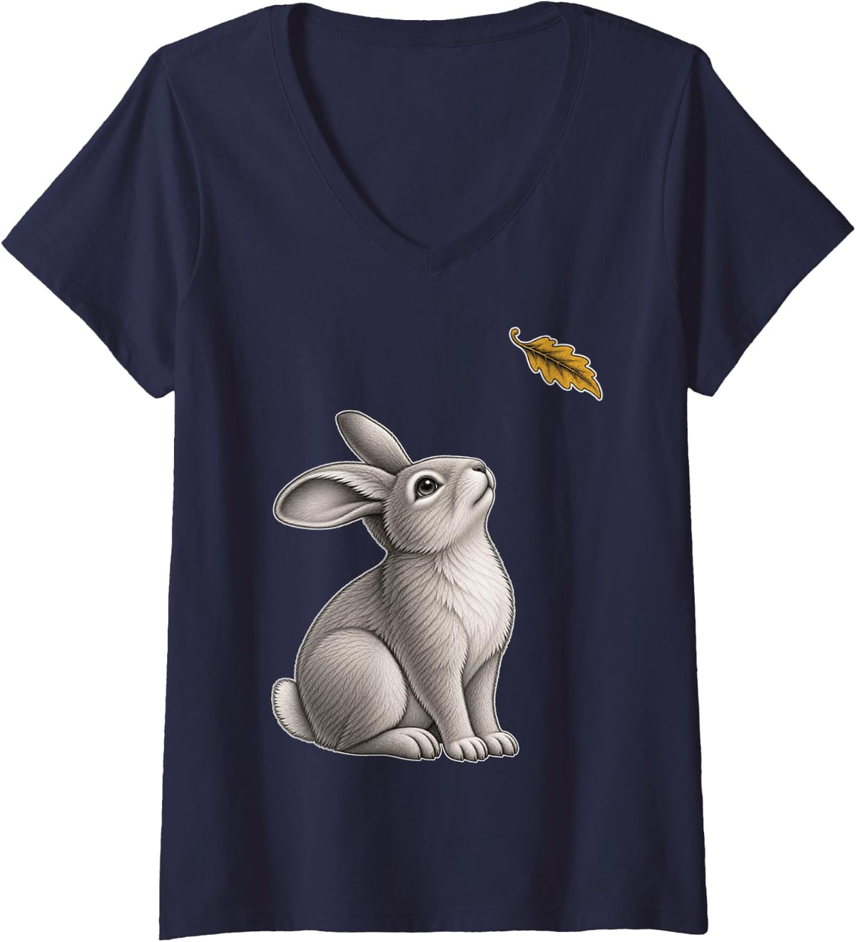 Women's Cute Rabbit Lover Autumn Leaf V-Neck T-Shirt - Navy Blue