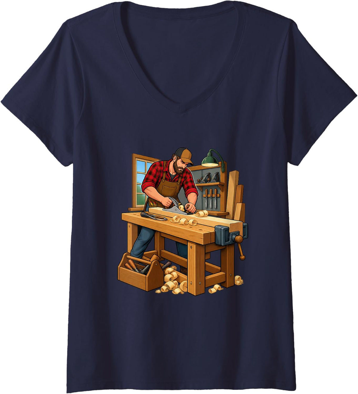 Women's Carpenter Planing a Wooden Board Across a Sturdy Bench V-Neck T-Shirt - Navy Blue