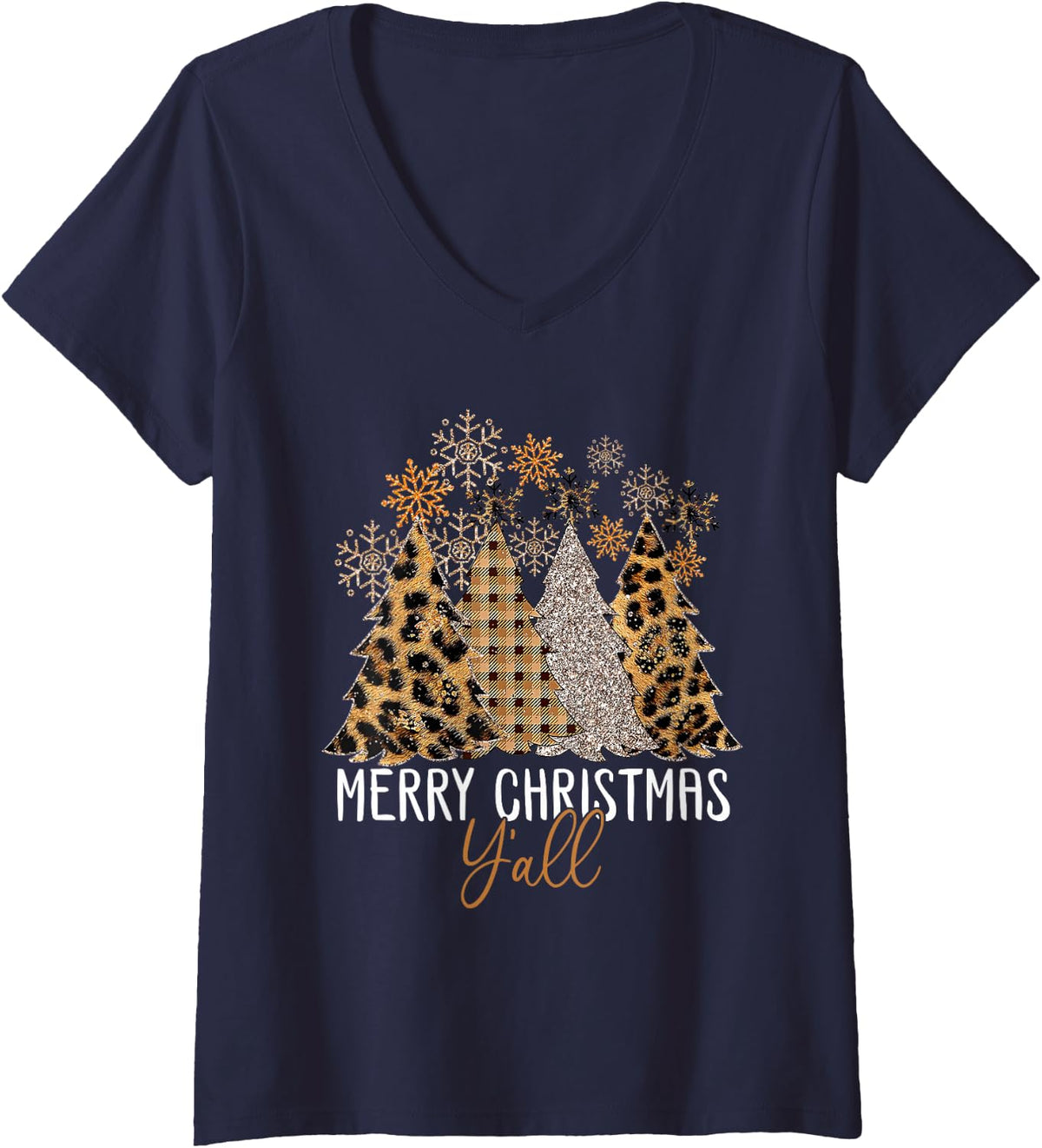 Women's Family 2024 Merry Christmas Y'all Tree Leopard Pajamas V-Neck T-Shirt - Navy Blue