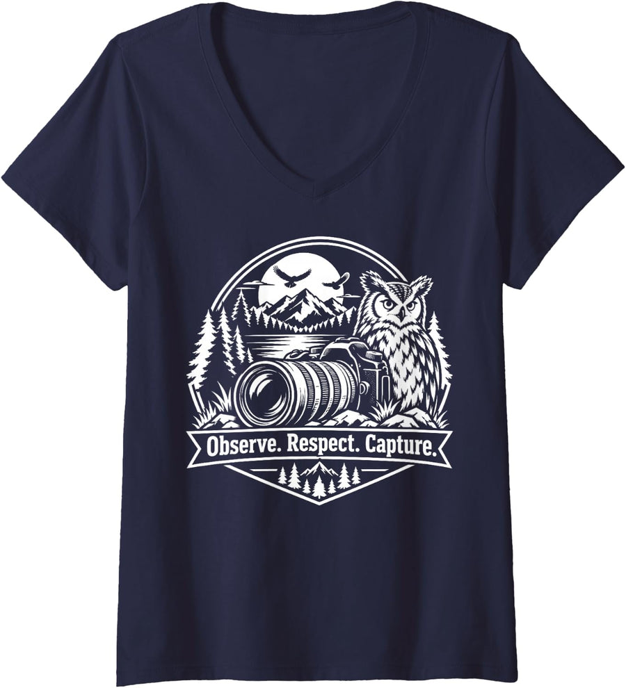 Women's Wildlife Photographer Owl Observe Respect Capture V-Neck T-Shirt - Navy Blue