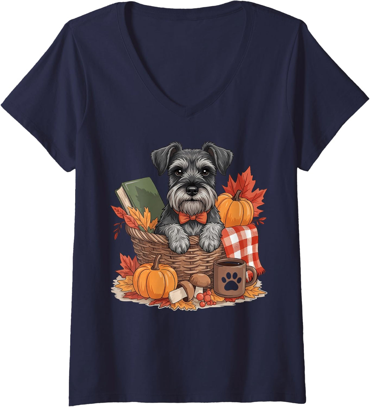 Women's Miniature Schnauzer Dog Fall Leaves Pumpkins Books Autumns V-Neck T-Shirt - Navy Blue