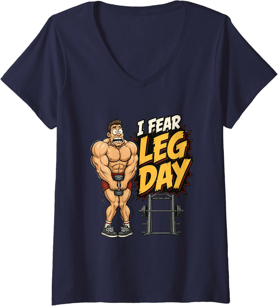 Women's I Fear Leg Day Funny Squat and Gym Workout Humor V-Neck T-Shirt - Navy Blue