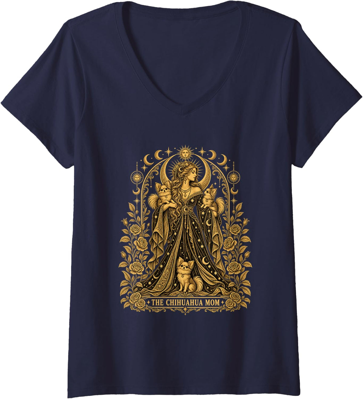 Women's The Chihuahua Mom Tarot Card Celestial Moon Stars V-Neck T-Shirt - Navy Blue
