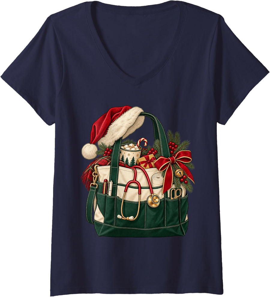 Women's Christmas Nurse Cute Bag Santa Hat Holiday Nursing Funny V-Neck T-Shirt - Navy Blue