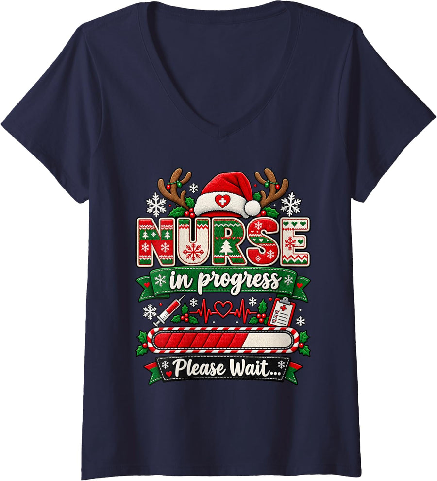 Women's Nurse in Progress Christmas Santa Hat Nursing Student V-Neck T-Shirt - Navy Blue