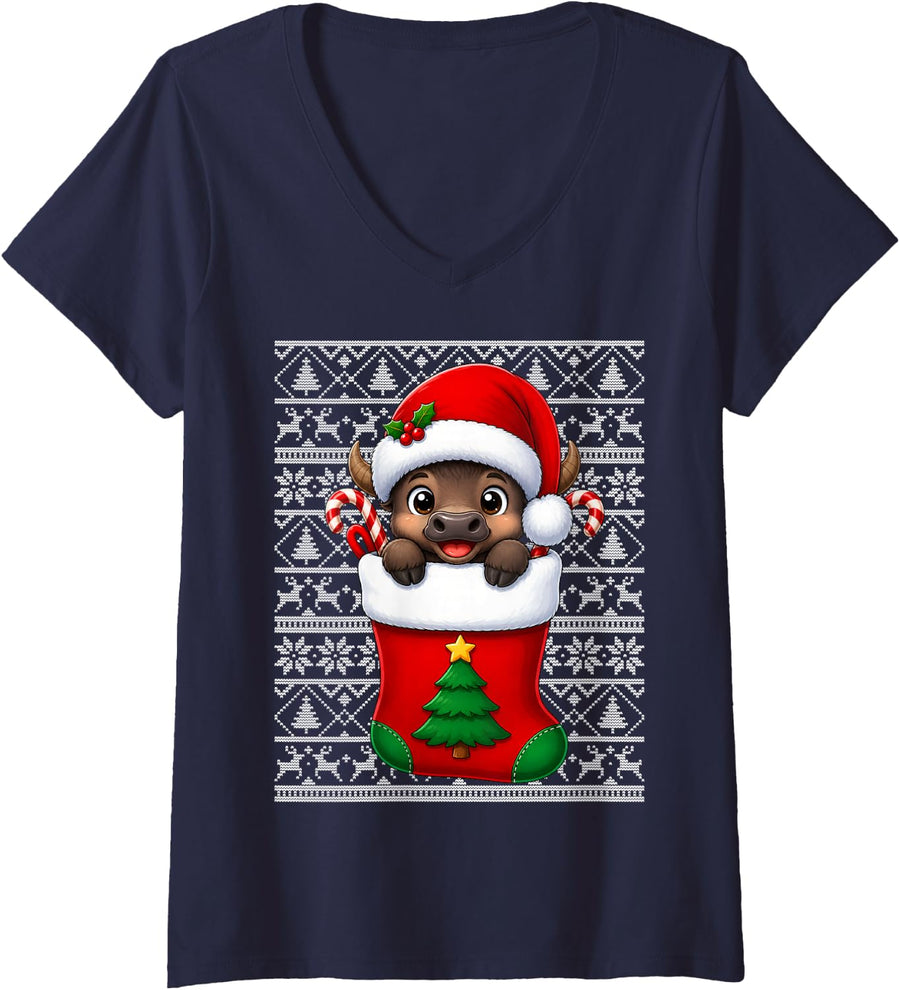Women's Buffalo in Christmas Socks Cute Animal Holiday Ugly Xmas V-Neck T-Shirt - Navy Blue