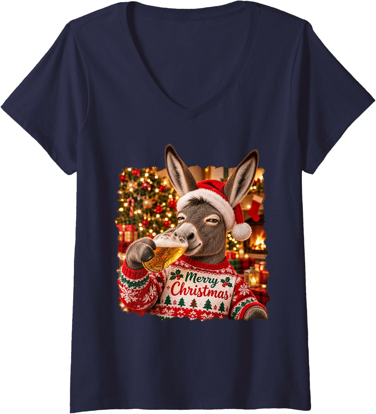 Women's Merry Christmas Donkey Lovers Funny Holiday Party V-Neck T-Shirt - Navy Blue