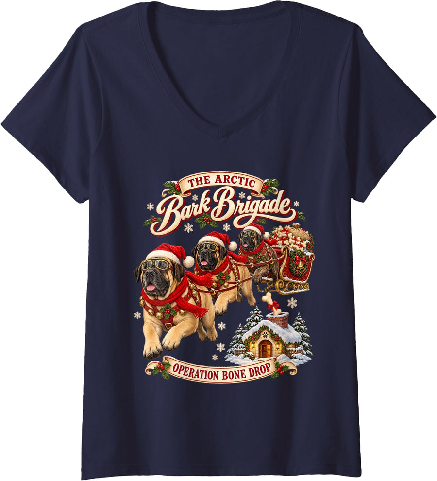 Women's Mastiff Xmas Funny Sleigh Dog Lover Family Holiday Cute V-Neck T-Shirt - Navy Blue