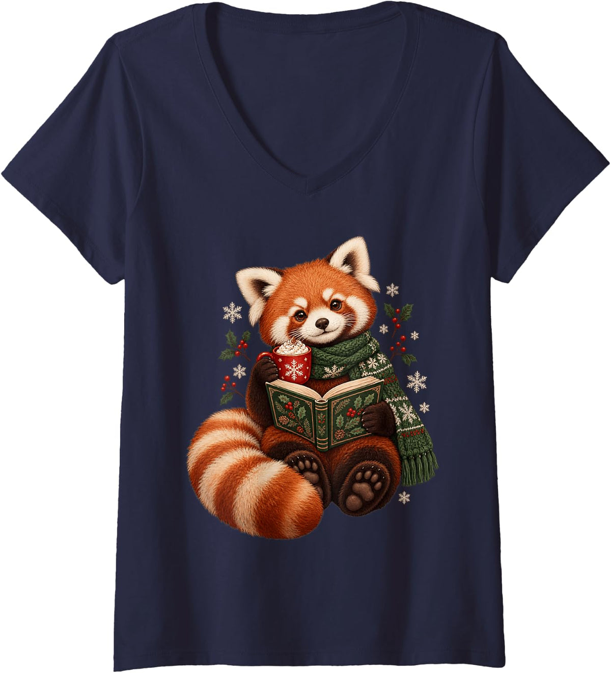 Women's Cute Red Panda Reading Book Christmas Cozy Winter Holiday V-Neck T-Shirt - Navy Blue