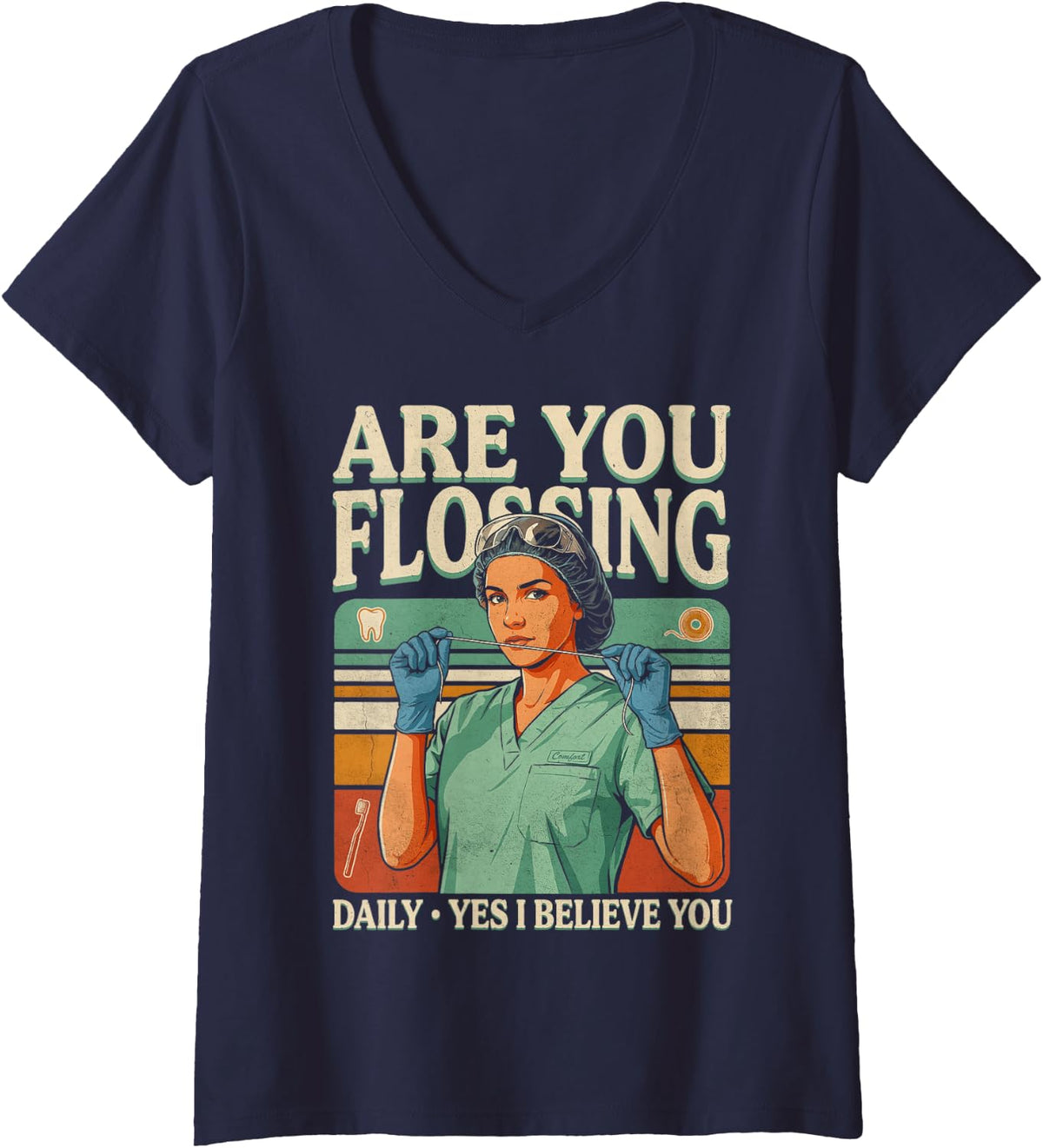 Women's are You Flossing Daily Dental Hygienist V-Neck T-Shirt - Navy Blue