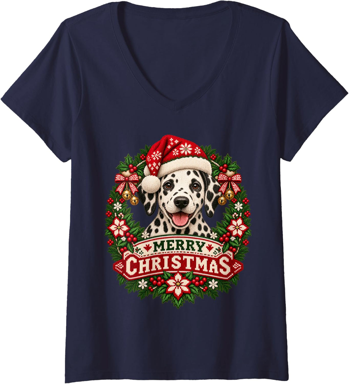 Women's Merry Christmas Dalmatian Happy Santa Hat Snowflake V-Neck T-Shirt - Navy Blue