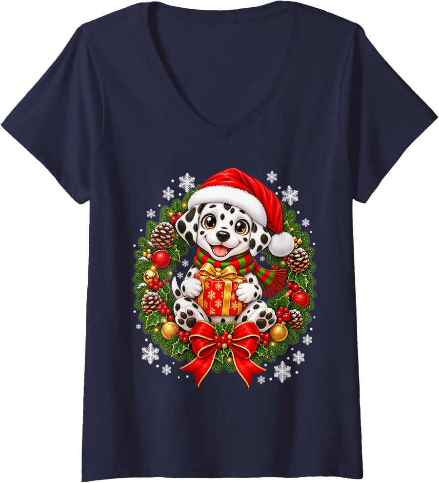 Women's Dalmatian Santa Hat Christmas Light Xmas PJ Men Women Kids V-Neck T-Shirt - Navy Blue